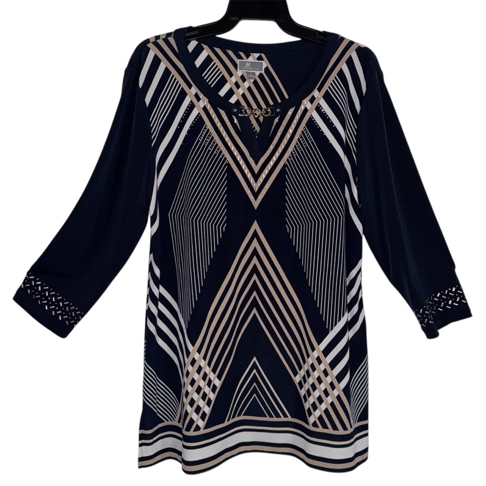 JM Collection women’s blouse navy blue/white, and tan Large